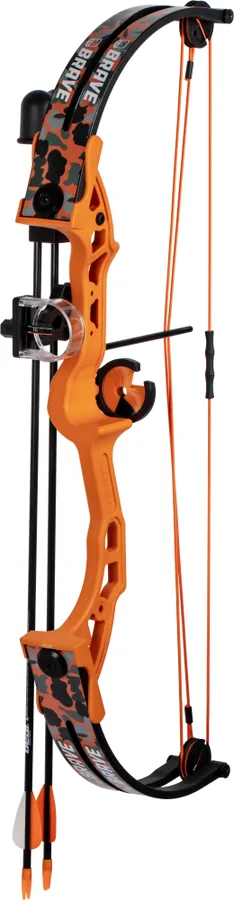 Bear Archery Brave youth bow set in orange Fred Bear Fire camo with arrows, side profile