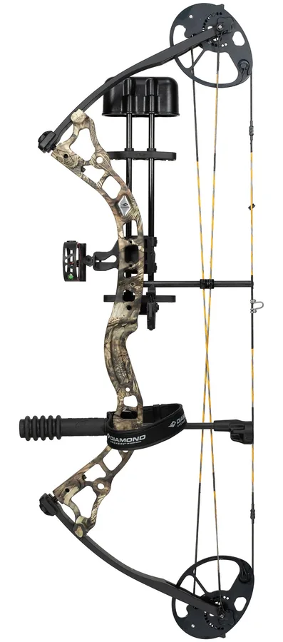 Diamond Archery Infinite 305 compound bow in Mossy Oak Break-Up Country camo with accessories, side profile