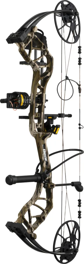 Bear Archery Legit RTH compound bow in camo with Trophy Ridge accessories, side profile
