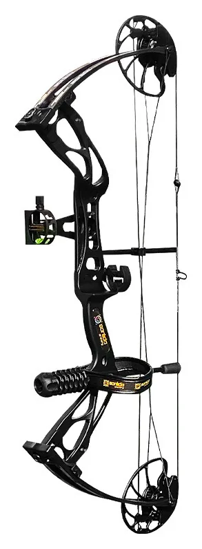 Sanlida Dragon X8 hunting compound bow in black with sight and stabilizer, side profile